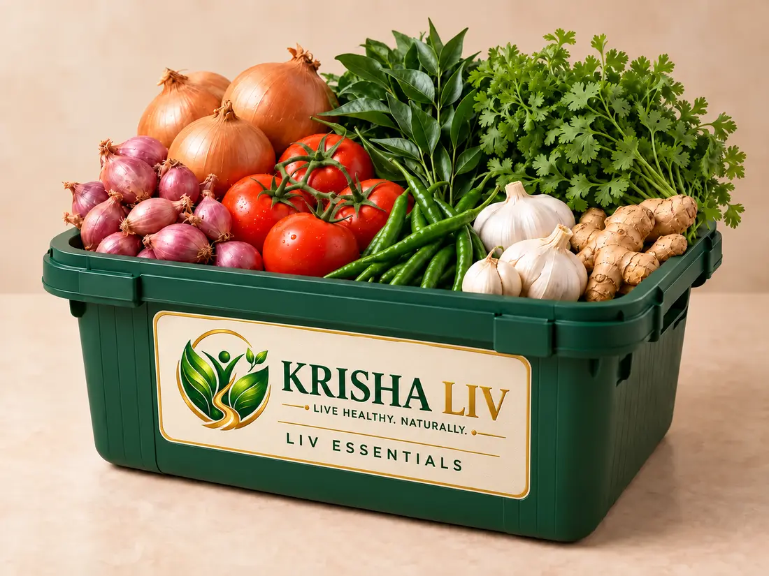 Illustrative branded LIV Essentials basket; final contents are small and big onions, tomatoes, green chillies, curry leaves, coriander leaves, garlic and ginger