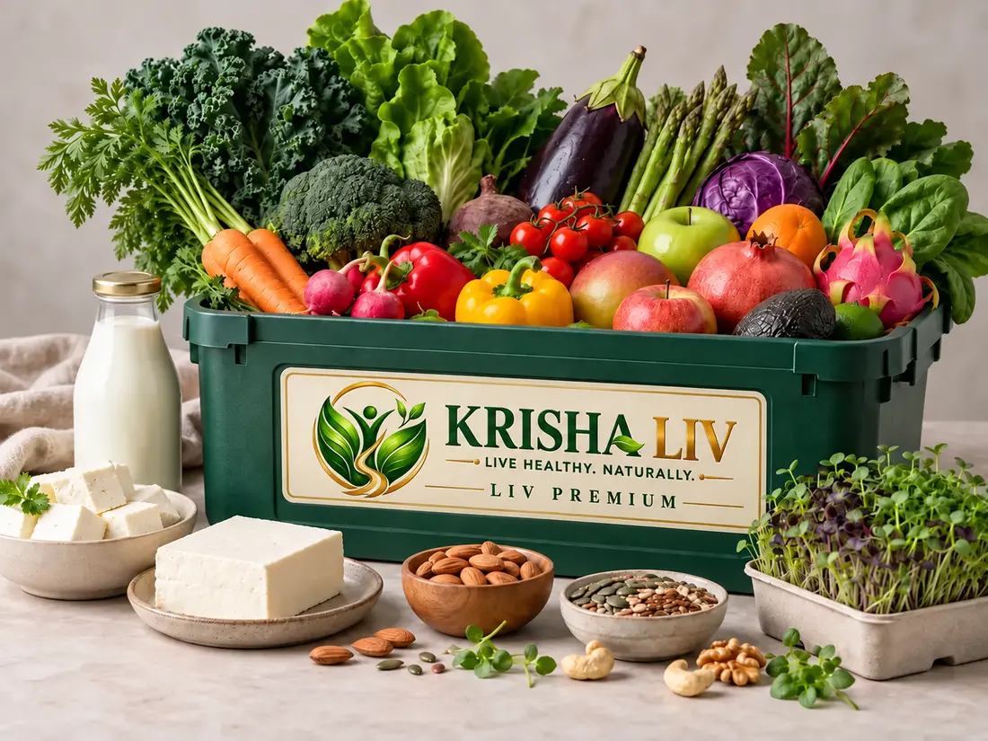 Illustrative KRISHA LIV LIV Premium basket containing builds on liv balance with microgreens for more fresh variety across the week.