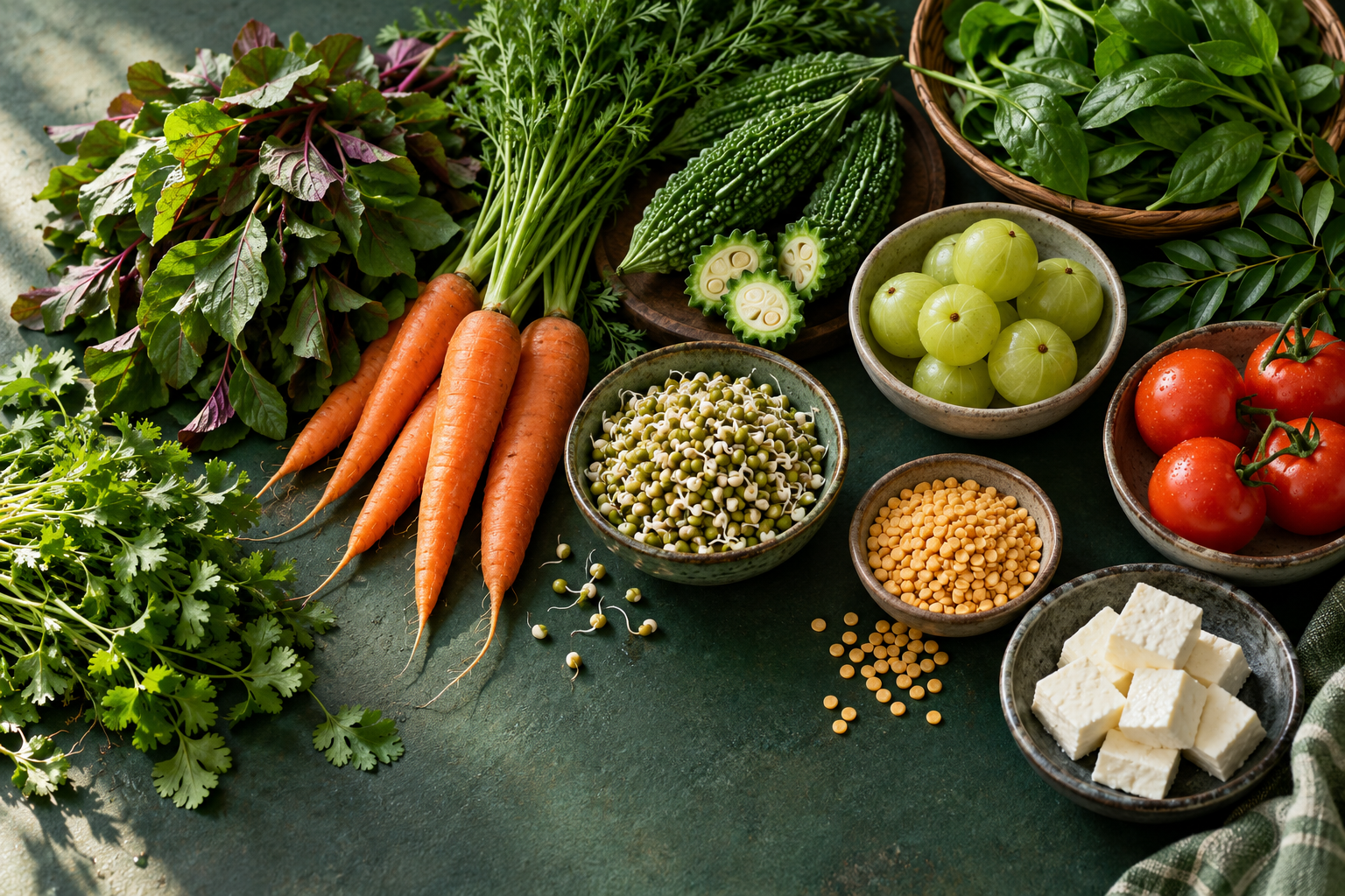 Fresh vegetables, greens, sprouts and other foods