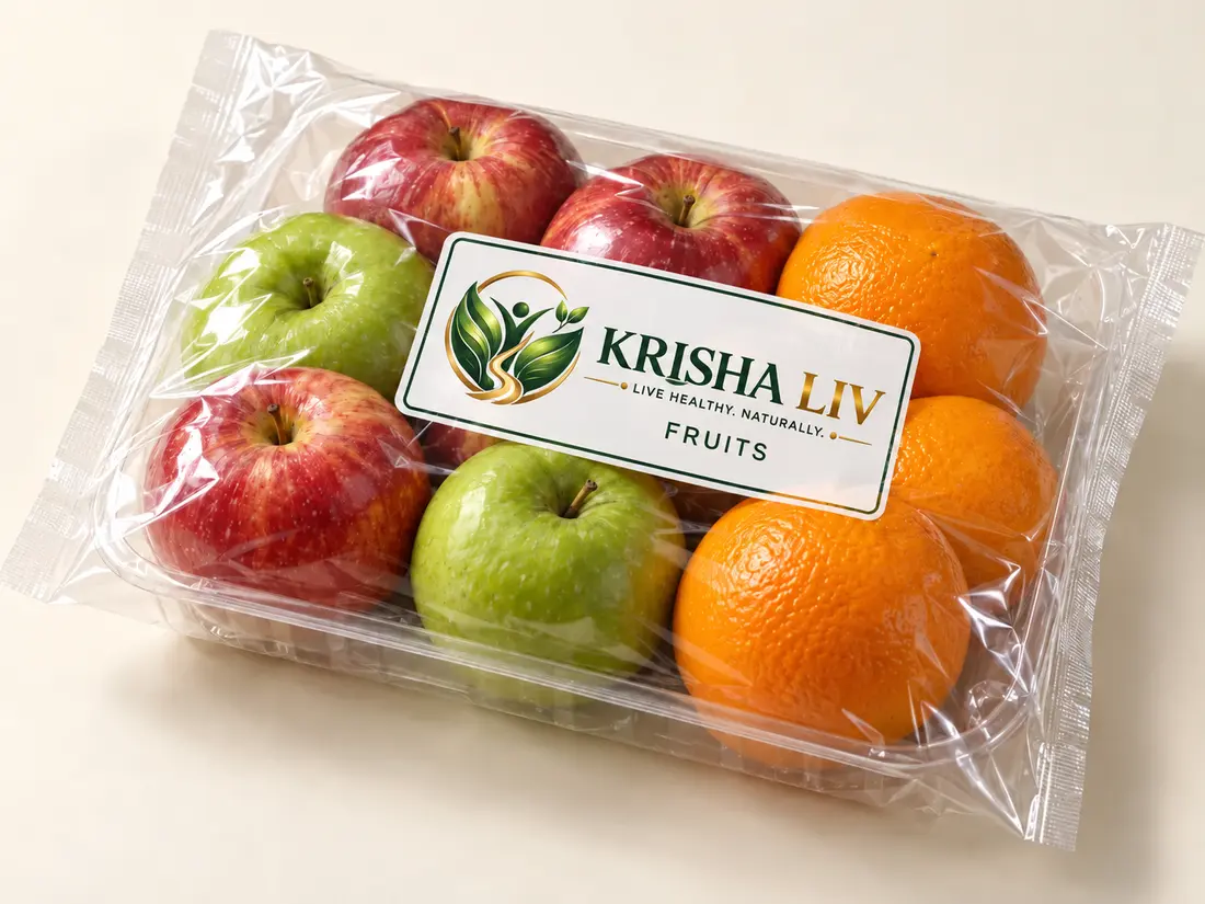 KRISHA LIV fruits packaging concept in transparent sealed tray and pouch