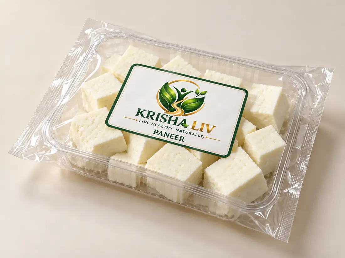 KRISHA LIV paneer packaging concept in transparent sealed tray and pouch