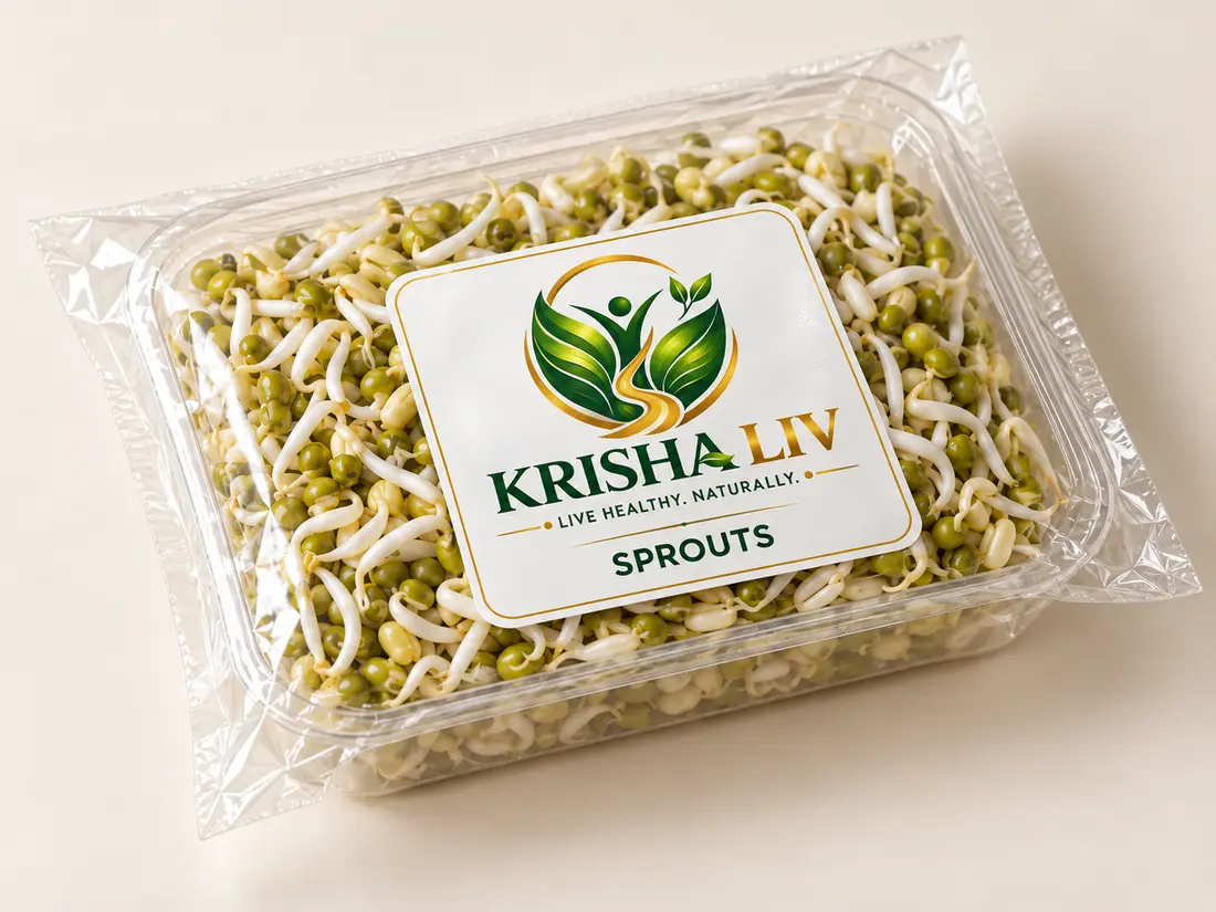 KRISHA LIV sprouts packaging concept in transparent sealed tray and pouch