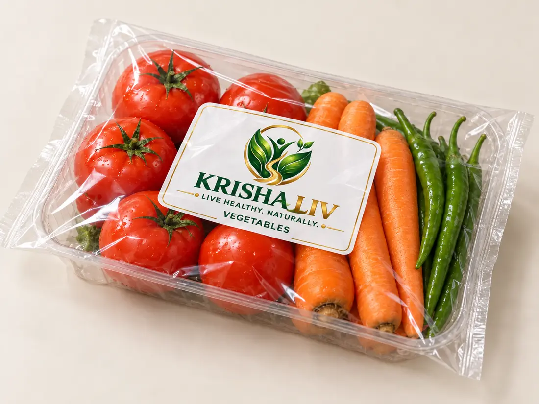 KRISHA LIV vegetables packaging concept in transparent sealed tray and pouch